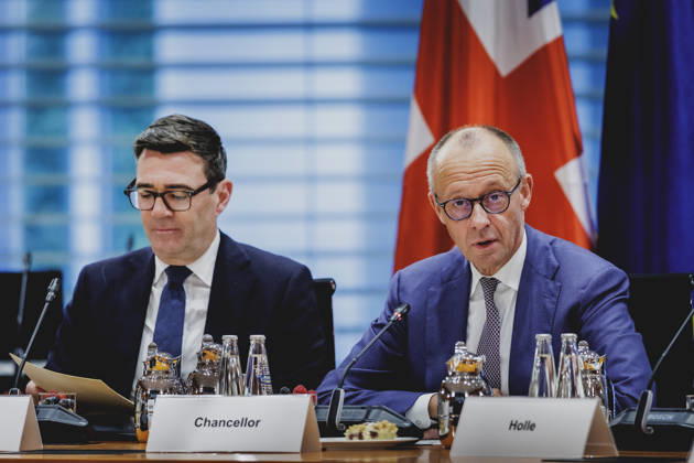 R. L. Friedrich Merz (CDU), Chancellor of Germany, and Andrew Burnham, Prime Minister of the United Kingdom, photographed while attending the Regional Growth Forum at the Federal Chancellery in Berlin, October 8, 2026, Berlin, Germany Copyright: xFlorianxGaertnerx