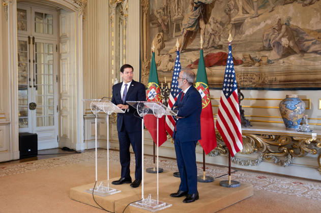 October 8, 2026, Lisbon, Lisbon, Portugal: U.S. Secretary of State MARCO RUBIO, left, speaks during a joint press conference with Portuguese Foreign Minister PAULO RANGEL at Palacio das Necessidades in Lisbon, Portugal, on October 8, 2026. The media appearance followed their bilateral meeting during RUBIO s visit to advance defense, economic and technology cooperation. Lisbon Portugal - ZUMAr238 20261008_zip_r238_023 Copyright: xRicardoxRochax