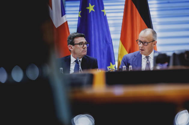 R. L. Friedrich Merz (CDU), Chancellor of Germany, and Andrew Burnham, Prime Minister of the United Kingdom, photographed while attending the Regional Growth Forum at the Federal Chancellery in Berlin, October 8, 2026, Berlin, Germany Copyright: xFlorianxGaertnerx