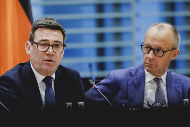 R. L. Friedrich Merz (CDU), Chancellor of Germany, and Andrew Burnham, Prime Minister of the United Kingdom, photographed while attending the Regional Growth Forum at the Federal Chancellery in Berlin, October 8, 2026, Berlin, Germany Copyright: xFlorianxGaertnerx