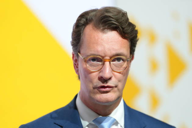 Brand Economy Day 2026 NRW: A portrait of Minister President Hendrik Wuest on stage during his laudatory speech at Brand Economy Day 2026, Berlin, October 8, 2026, Berlin, Berlin, Germany