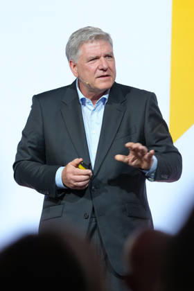 Brand Economy Day 2026: Thomas Fell, CEO of GS1, delivering a presentation on stage at Brand Economy Day 2026, Berlin, October 8, 2026, Berlin, Berlin, Germany