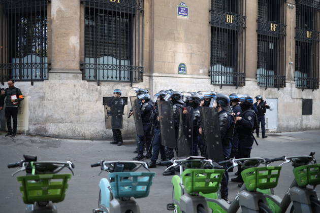RECORD DATE NOT STATED Student Protest - Paris Police forces during a demonstration at Place de la Bastille, in Paris, France on October 8, 2026, as part of a nationwide protest movement over learning conditions. Since late September, pupils have barred the entrances to hundreds of schools, complaining of teacher absences, overloaded timetables, dilapidated classrooms and buildings ill-adapted to rising temperatures, among other grievances. Photo by Raphael Lafargue ABACAPRESS.COM Paris France  Copyright: xLafarguexRaphael ABACAx
