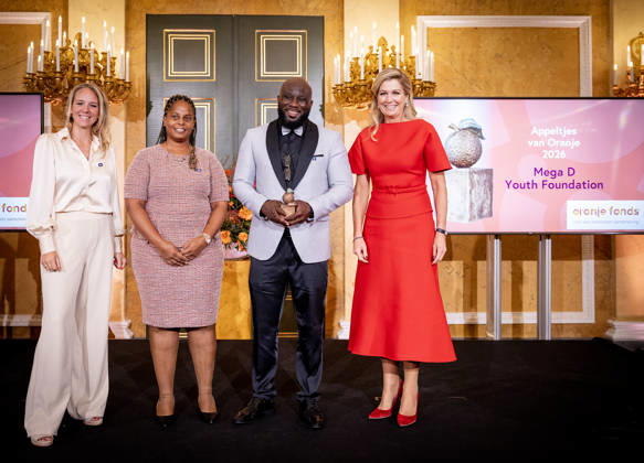 08-10-2026 Palace Queen Maxima presented the 2026 Appeltjes van Oranje awards at palace Noordeinde in The Hague. Winner Mega D youth foundation  Copyright: xPPEx