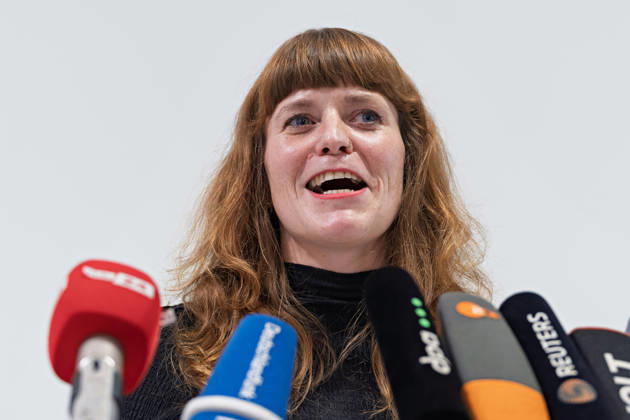 Berlin, October 8, 2026 Kerstin Wolter Ehling of Die Linke speaks during a joint press statement by Die Linke Berlin, Alliance 90 The Greens Berlin, and the SPD Berlin in the foyer of the Haus der Statistik following the conclusion of preliminary talks. Press statement by The Left, The Greens, and the SPD in Berlin