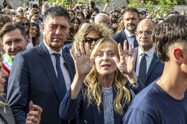 IPA89434853 - ASCOLI PICENO, ITALY OCTOBER 8, 2026: Prime Minister Giorgia Meloni attends the presentation and inauguration ceremony for the Palazzo Saladini Pilastri complex and its monumental park in Ascoli Piceno. The restoration project is part of the PINQuA program for urban regeneration and the enhancement of the city™s historical heritage. (Photo: Andrea Vagnoni IPA Agency)  Copyright: xAndreaxVagnonix xx IPA89434853