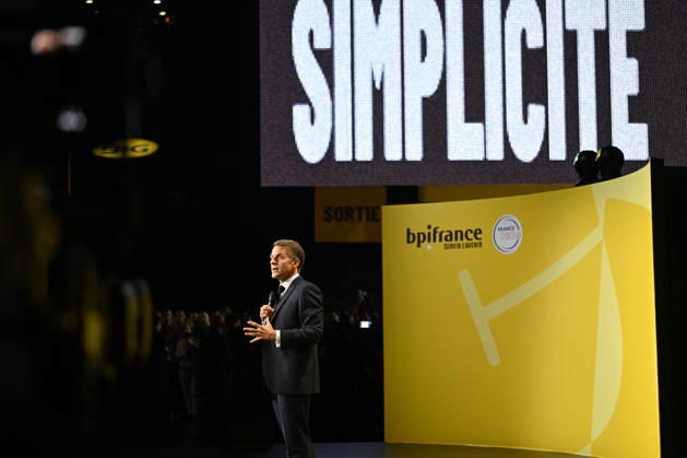 President Macron at Bpifrance Inno Generation - Paris France s President Emmanuel Macron delivers a speech on stage during the Bpifrance Inno Generation (BIG) event, one of Europe’s largest gatherings dedicated to entrepreneurs, in Paris, France on October 8, 2026. Photo by Jeanne Accorsini Pool ABACAPRESS.COM Paris France Copyright: xAccorsinixJeanne Pool ABACAx