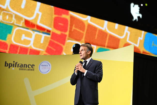 President Macron at Bpifrance Inno Generation - Paris France s President Emmanuel Macron delivers a speech on stage during the Bpifrance Inno Generation (BIG) event, one of Europe’s largest gatherings dedicated to entrepreneurs, in Paris, France on October 8, 2026. Photo by Jeanne Accorsini Pool ABACAPRESS.COM Paris France Copyright: xAccorsinixJeanne Pool ABACAx