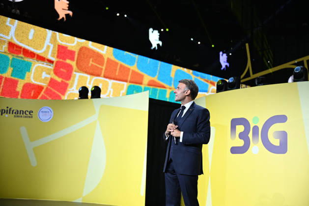 President Macron at Bpifrance Inno Generation - Paris France s President Emmanuel Macron delivers a speech on stage during the Bpifrance Inno Generation (BIG) event, one of Europe’s largest gatherings dedicated to entrepreneurs, in Paris, France on October 8, 2026. Photo by Jeanne Accorsini Pool ABACAPRESS.COM Paris France  Copyright: xAccorsinixJeanne Pool ABACAx