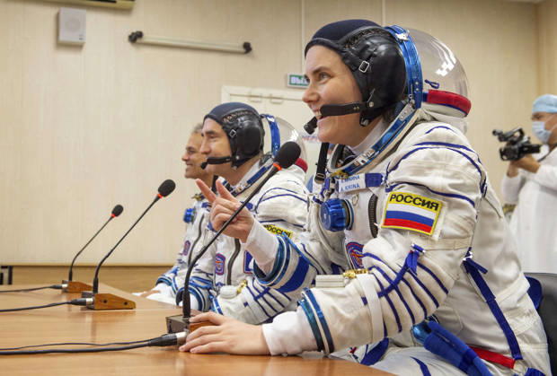 October 8, 2026, Baikonur, Kazakhstan: Baikonur, Kazakhstan. 14 July, 2026. Roscosmos cosmonaut Anna Kikina, foreground, Roscosmos cosmonaut Pyotr Dubrov and NASA astronaut Anil Menon, left, talk with family and friends after Sokol suit pressure checks at the Baikonur Cosmodrome, July 14, 2026 in Baikonur, Kazakhstan. The crew launched to the International Space Station later that day. Baikonur Kazakhstan - ZUMAp138 20261008_zaa_p138_025 Copyright: xPavelxShvets Gctcx