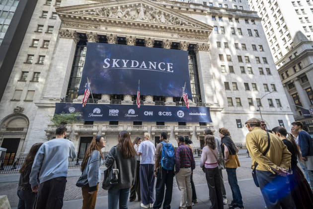 Skydance at the NYSE The New York Stock Exchange is decorated with a banner for Skydance on Thursday, October 8, 2026 celebrating it listing from NASDAQ to the NYSE following its acquisition of Warner Bros. Discovery.. ( RichardxB.xLevine