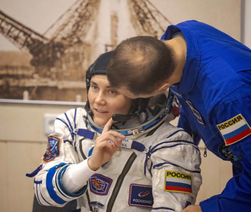 October 8, 2026, Baikonur, Kazakhstan: Baikonur, Kazakhstan. 14 July, 2026. Roscosmos cosmonaut Anna Kikina talks with backup crew member Dmitry Petelin while waiting for her Sokol suit pressure check at the Baikonur Cosmodrome, July 14, 2026 in Baikonur, Kazakhstan. She launched to the International Space Station later that day. Baikonur Kazakhstan - ZUMAp138 20261008_zaa_p138_044 Copyright: xBillxIngalls Nasax