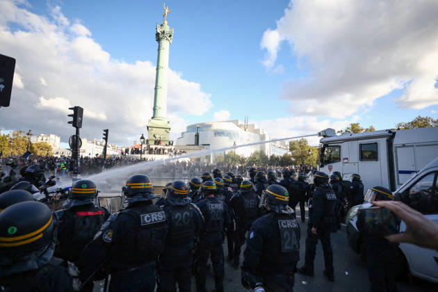 Student Protest - Paris Police forces during a demonstration at Place de la Bastille, in Paris, France on October 8, 2026, as part of a nationwide protest movement over learning conditions. Since late September, pupils have barred the entrances to hundreds of schools, complaining of teacher absences, overloaded timetables, dilapidated classrooms and buildings ill-adapted to rising temperatures, among other grievances. Photo by Raphael Lafargue ABACAPRESS.COM Paris France Copyright: xLafarguexRaphael ABACAx