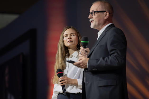 Frankfurt Book Fair 2026: Valeria Gordeev receives the 2026 aspekte Literature Prize for her book *The Cicada Sheds Its Shiny Gold Shell*. In the foreground is Daniel Fiedler, head of the ZDF Berlin Culture Desk, Frankfurt am Main, Hesse, Germany, Exhibition Center