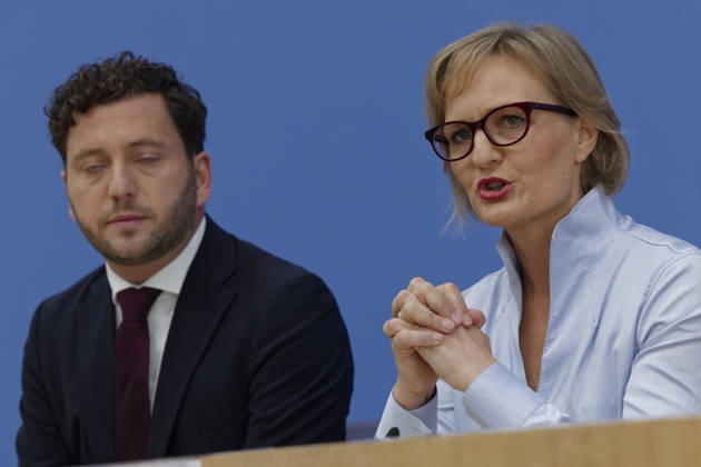Greens Present Plan for Germany October 8, 2026, Germany, Berlin Federal press conference to present the Green Party’s Bundestag caucus’s flagship motion, Our Plan for Germany. Pictured: Felix Banasz, Federal Executive Committee Chair of Alliance 90 The Greens, and Franziska Brantner, Federal Chair of Alliance 90 The Greens
