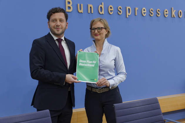 Greens Present Plan for Germany October 8, 2026, Germany, Berlin Federal press conference to present the Green Party’s Bundestag caucus’s flagship motion, Our Plan for Germany. Pictured: Felix Banasz, Federal Executive Committee Chair of Alliance 90 The Greens, and Franziska Brantner, Federal Chair of Alliance 90 The Greens