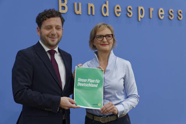 Greens Present Plan for Germany October 8, 2026, Germany, Berlin Federal press conference to present the Green Party’s Bundestag caucus’s flagship motion, Our Plan for Germany. Pictured: Felix Banasz, Federal Executive Committee Chair of Alliance 90 The Greens, and Franziska Brantner, Federal Chair of Alliance 90 The Greens