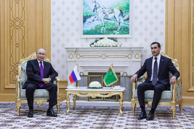 TURKMENISTAN, BALKAN PROVINCE - OCTOBER 8, 2026: Vladimir Putin (L), President of Russia, and his counterpart Serdar Berdimuhamedow of Turkmenistan hold a bilateral meeting in Turkmenbasy Turkmenistan  - ZUMAt113 20261008_zaa_t113_699 Copyright: xGavriilxGrigorovx