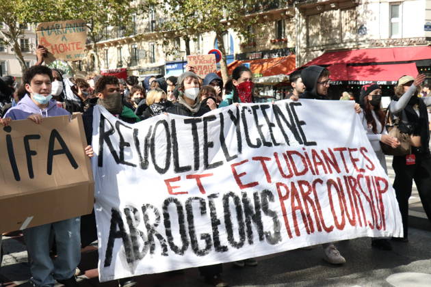 Student mobilization at Place de la Bastille in Paris PARIS, FRANCE – OCTOBER 8, 2026: Students who took part in blockades at several university institutions in Paris, including Paris-Pantheon-Assas University, along with many other students, converge on Place de la Bastille in Paris to voice their demands as part of a day of high school and university student mobilization. Umit Donmez Anadolu Ile-de-France France. Editorial use only. Please get in touch for any other usage. Copyright: x2026xAnadoluxUmitxDonmezx