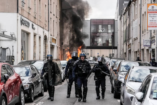 Police clash with students during education protest in Nancy NANCY, FRANCE - OCTOBER 8: Police officers are deployed as students stage a protest against education conditions in Nancy, France, on October 8, 2026. High school students across the country took part in a nationwide mobilization to demand greater educational resources and improved school conditions. Muhammed Said Tako Anadolu Nancy France. Editorial use only. Please get in touch for any other usage.  Copyright: x2026xAnadoluxMuhammedxSaidxTakox