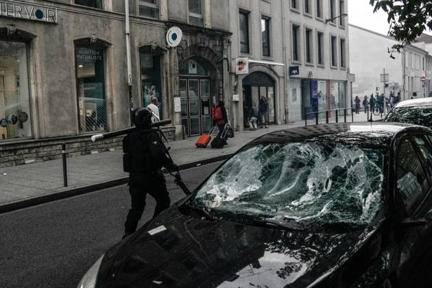 Police clash with students during education protest in Nancy NANCY, FRANCE - OCTOBER 8: A view of destroyed vehicle as students stage a protest against education conditions in Nancy, France, on October 8, 2026. High school students across the country took part in a nationwide mobilization to demand greater educational resources and improved school conditions. Muhammed Said Tako Anadolu Nancy France. Editorial use only. Please get in touch for any other usage.  Copyright: x2026xAnadoluxMuhammedxSaidxTakox