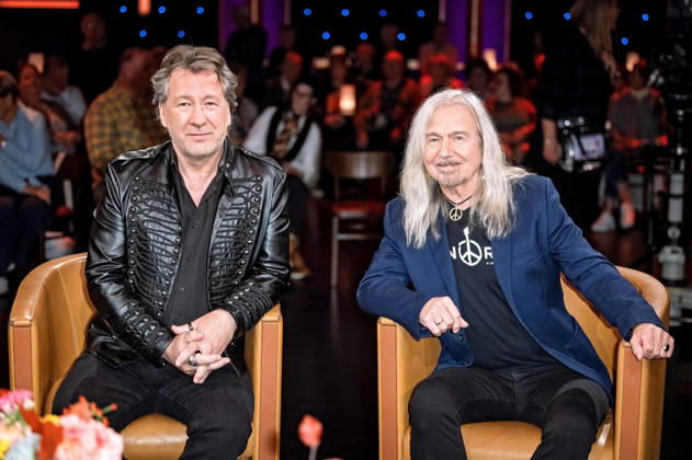 MDR Riverboat singer Claudius Dreilich and guitarist Bernd Römer of KARAT during the taping of the MDR talk show Riverboat on October 8, 2026, at Mediacity Leipzig 20261008SFL0064