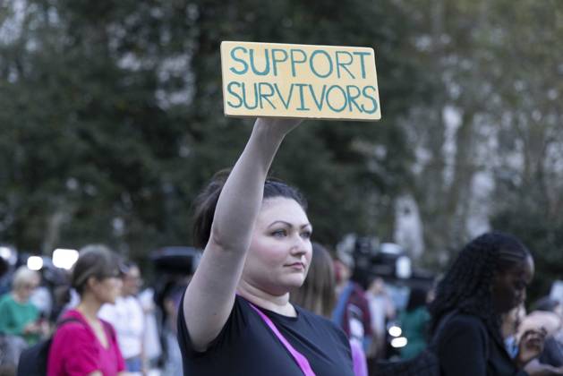 October 8, 2026, New York, New York, USA: A demonstrator holds a sign that reads SUPPORT SURVIVORS joining hundreds at a rally in Foley Square outside the New York State Supreme Court building in Lower Manhattan under the banner . StopSexualViolence: From the Frat House to the White House. The protest is one of many rallies and campus walkouts around the country demanding justice for Cornell s Jane Doe. New York USA - ZUMAr174 20261008_znp_r174_019 Copyright: xGinaxMxRandazzox