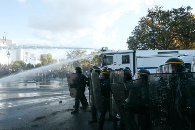 High School And University Student Protest - Paris Water cannon used by police forces to disperse protesters, during a nationwide youth demonstration. Nationwide mobilization by high school and university students calling for better teaching and study conditions, increased funding and staffing, an end to overcrowded classrooms and deteriorating infrastructure, and improved access to education, amidst concerns over social inequalities and student financial insecurity in Paris, France, October 8, 2026. Photo by Christophe Michel ABACAPRESS.COM Paris ILE DE FRANCE France Copyright: xMichelxChristophe ABACAx