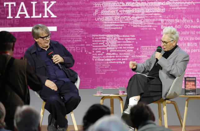 Frankfurt Impressions 08 10 2026 The 78th Frankfurt Book Fair provides a stage for many things—here, the Literature Stage features author Sven Regener and his book *Frankie and Freddie* in conversation with host Bärbel Schäfer at the Book Talk in Frankfurt am Main, Hesse, Germany