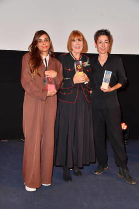 Collien Fernandes, Gisele Pelicot, and Dunja Hayali at the 2026 Brigitte Award ceremony at the Kino International in Berlin on October 8, 2026