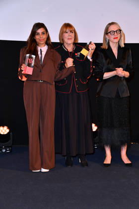 Collien Fernandes, Gisele Pelicot, and Susanna Riethmuller at the 2026 Brigitte Award ceremony at the Kino International in Berlin on October 8, 2026