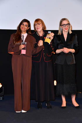 Collien Fernandes, Gisele Pelicot, and Susanna Riethmuller at the 2026 Brigitte Award ceremony at the Kino International in Berlin on October 8, 2026