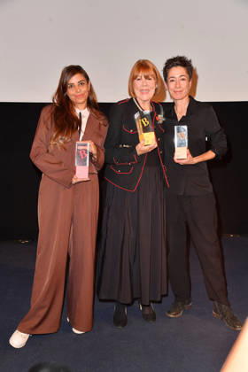 Collien Fernandes, Gisele Pelicot, and Dunja Hayali at the 2026 Brigitte Award ceremony at the Kino International in Berlin on October 8, 2026