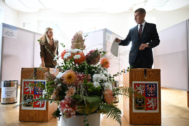The two-day elections to municipal assemblies started in the Czech Republic together with the first round of the elections to one-third of the Senate, on October 9, 2026. On the photo votes Czech Prime Minister Andrej Babis (ANO) and his wife Monika Babisova, in Pruhonice, Czech Republic. (CTKxPhoto KaterinaxSulova) CTKPhotoP2026100904782  CTKPhotoP2026100904782