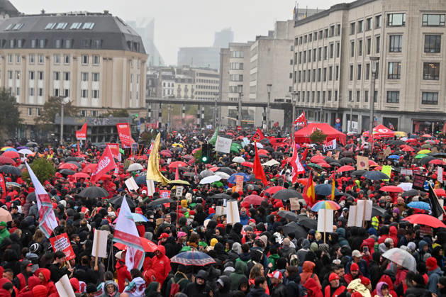 Strike in Belgium disrupts transport BRUSSELS, BELGIUM - OCTOBER 9: Demonstrators carrying trade union flags gather in a central square in Brussels, Belgium on October 9, 2026, during a nationwide strike protesting proposed federal austerity measures and public spending cuts. Organized by major trade union confederations ABVV-FGTB and ACV-CSC, the mass rally coincided with severe transportation disruptions across the country, including approximately 140 flight cancellations at Brussels Airport. Dursun Aydemir Anadolu Brussels Belgium. Editorial use only. Please get in touch for any other usage. Copyright: x2026xAnadoluxDursunxAydemirx