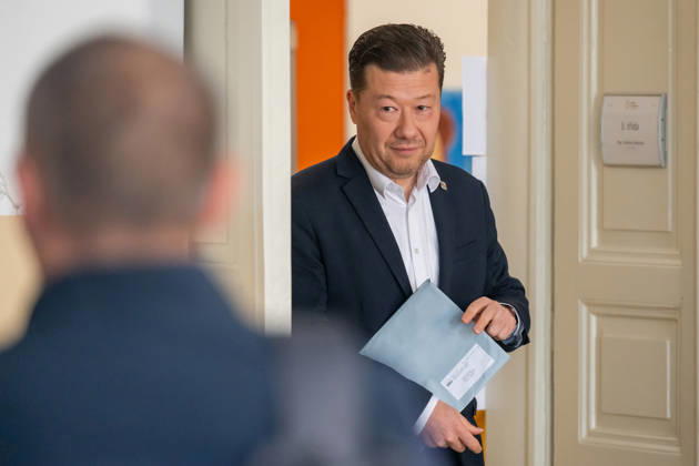 The two-day elections to municipal assemblies started in the Czech Republic together with the first round of the elections to one-third of the Senate, on October 9, 2026. On the photo comes to vote Tomio Okamura, chairman of the SPD and Speaker of the Chamber of Deputies, in Prague, Czech Republic. (CTKxPhoto OndrejxDeml) CTKPhotoP2026100905215  CTKPhotoP2026100905215