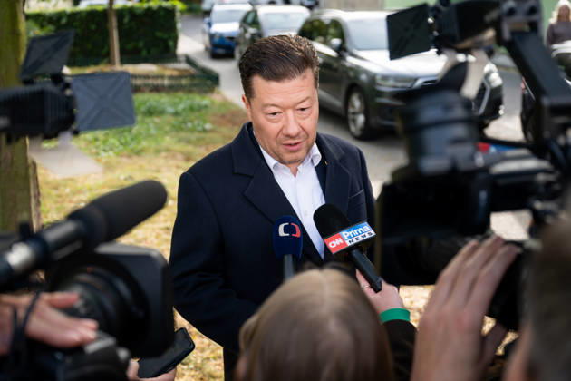 The two-day elections to municipal assemblies started in the Czech Republic together with the first round of the elections to one-third of the Senate, on October 9, 2026. On the photo Tomio Okamura, chairman of the SPD and Speaker of the Chamber of Deputies, speaks to journalists outside a polling station in Prague, Czech Republic. (CTKxPhoto OndrejxDeml) CTKPhotoP2026100905232  CTKPhotoP2026100905232