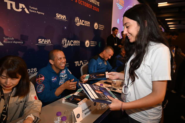 Astronauts meet visitors at autograph session during International Astronautical Congress ANTALYA, TURKIYE - OCTOBER 09: Astronauts from various countries meet visitors during an autograph session on Public Day of the 77th International Astronautical Congress (IAC 2026) at the NEST Congress Center in Antalya, Turkiye, on October 09, 2026. Organized by the International Astronautical Federation (IAF) under the coordination of the Ministry of Industry and Technology and hosted by the Turkish Space Agency (TUA) and SAHA Istanbul, the congress opens its doors to the public on its final day. Muhammed Abdullah Kurtar Anadolu Antalya Turkey. Editorial use only. Please get in touch for any other usage. Copyright: x2026xAnadoluxMuhammedxAbdullahxKurtarx