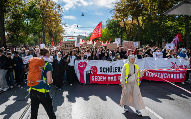 October 9, 2026: Protest Against the Headscarf Ban. Participants in the School on Fire demonstration—a school strike against the headscarf ban, but also against racism in general— sexism, and militarization in schools at Human Rights Square in Vienna, Austria Vienna Human Rights Square Vienna Austria