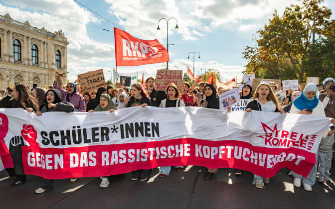 October 9, 2026: Protest Against the Headscarf Ban. Participants in the School on Fire demonstration—a school strike against the headscarf ban, but also against racism in general— sexism, and militarization in schools at Human Rights Square in Vienna, Austria Vienna Human Rights Square Vienna Austria