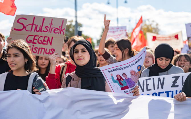 October 9, 2026: Protest Against the Headscarf Ban. Participants in the School on Fire demonstration—a school strike against the headscarf ban, but also against racism in general— sexism, and militarization in schools at Human Rights Square in Vienna, Austria Vienna Human Rights Square Vienna Austria