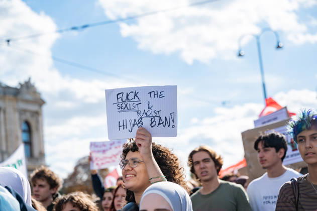 October 9, 2026: Protest Against the Headscarf Ban. Participants in the School on Fire demonstration—a school strike against the headscarf ban, but also against racism in general— sexism, and militarization in schools at Human Rights Square in Vienna, Austria Vienna Human Rights Square Vienna Austria
