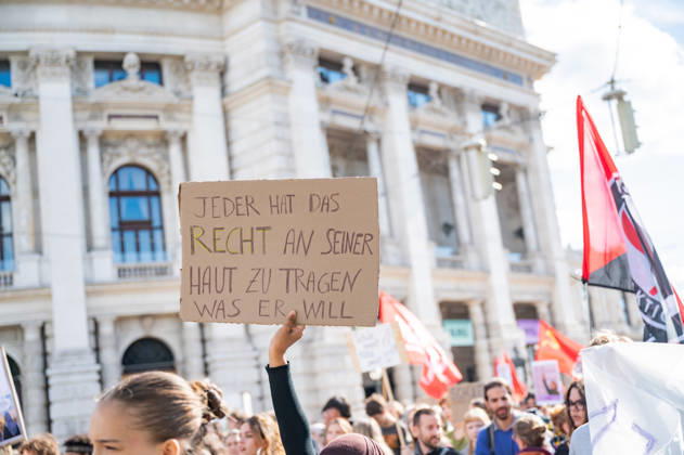 October 9, 2026: Protest Against the Headscarf Ban. Participants in the School on Fire demonstration—a school strike against the headscarf ban, but also against racism in general— sexism, and militarization in schools at Human Rights Square in Vienna, Austria Vienna Human Rights Square Vienna Austria