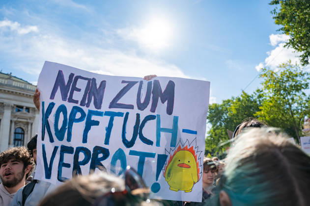 October 9, 2026: Protest Against the Headscarf Ban. Participants in the School on Fire demonstration—a school strike against the headscarf ban, but also against racism in general— sexism, and militarization in schools at Human Rights Square in Vienna, Austria Vienna Human Rights Square Vienna Austria