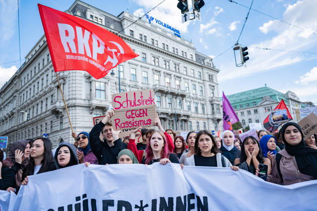 October 9, 2026: Protest Against the Headscarf Ban. Participants in the School on Fire demonstration—a school strike against the headscarf ban, but also against racism in general— sexism, and militarization in schools at Human Rights Square in Vienna, Austria Vienna Human Rights Square Vienna Austria