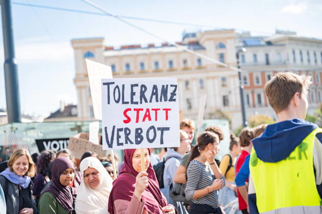 October 9, 2026: Protest Against the Headscarf Ban. Participants in the School on Fire demonstration—a school strike against the headscarf ban, but also against racism in general— sexism, and militarization in schools at Human Rights Square in Vienna, Austria Vienna Human Rights Square Vienna Austria