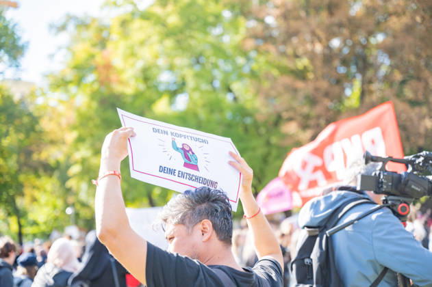 October 9, 2026: Protest Against the Headscarf Ban. Participants in the School on Fire demonstration—a school strike against the headscarf ban, but also against racism in general— sexism, and militarization in schools at Human Rights Square in Vienna, Austria Vienna Human Rights Square Vienna Austria