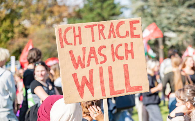 October 9, 2026: Protest Against the Headscarf Ban. Participants in the School on Fire demonstration—a school strike against the headscarf ban, but also against racism in general— sexism, and militarization in schools at Human Rights Square in Vienna, Austria Vienna Human Rights Square Vienna Austria