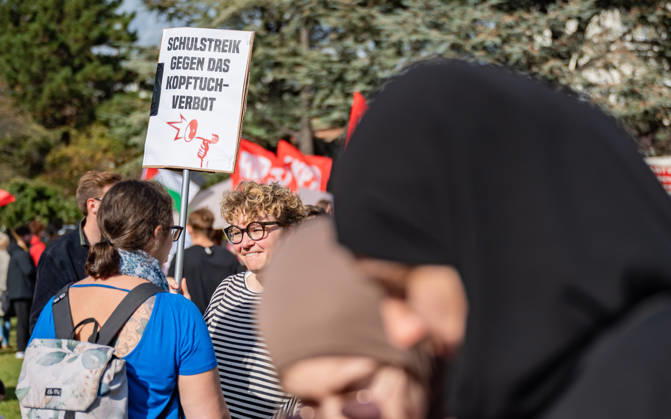 October 9, 2026: Protest Against the Headscarf Ban. Participants in the School on Fire demonstration—a school strike against the headscarf ban, but also against racism in general— sexism, and militarization in schools at Human Rights Square in Vienna, Austria Vienna Human Rights Square Vienna Austria