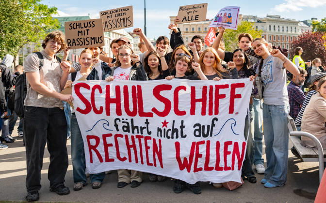 October 9, 2026: Protest Against the Headscarf Ban. Participants in the School on Fire demonstration—a school strike against the headscarf ban, but also against racism in general— sexism, and militarization in schools at Human Rights Square in Vienna, Austria Vienna Human Rights Square Vienna Austria
